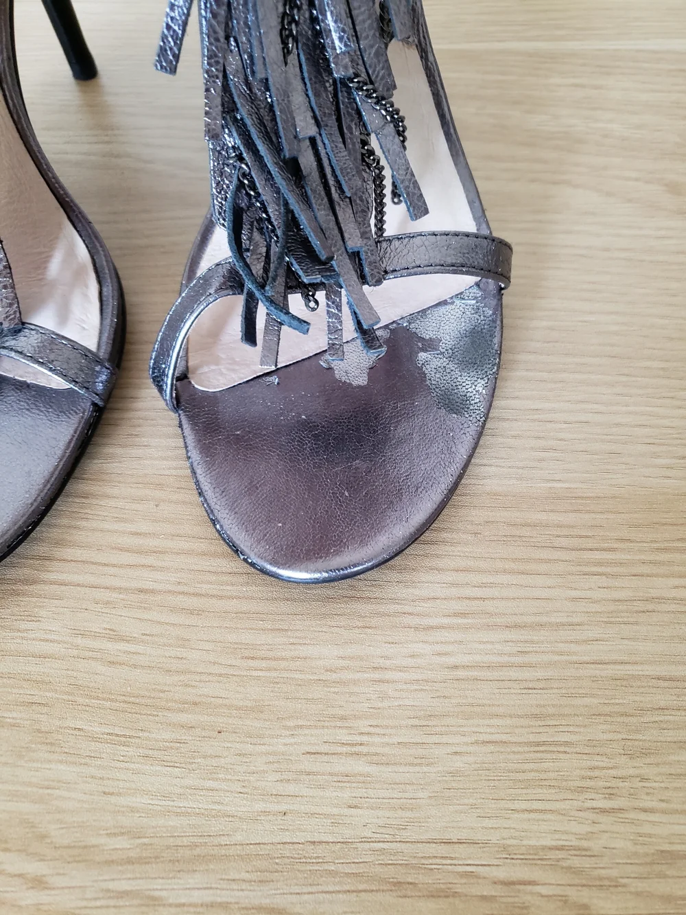 Michael Kors Metallic Gunmetal T-Strap Fringe Sandals